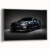 Silver sports car depicted in a side view on a framed canvas with a black background, ideal for modern home office decor.
