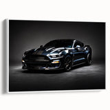 Vintage poster art of a classic car in vibrant colors on a large framed canvas, ideal for living room decor.