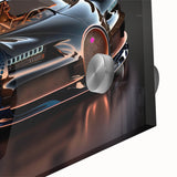 Mid-century modernist style large art print featuring abstract depiction of sports cars in vibrant red and blue.