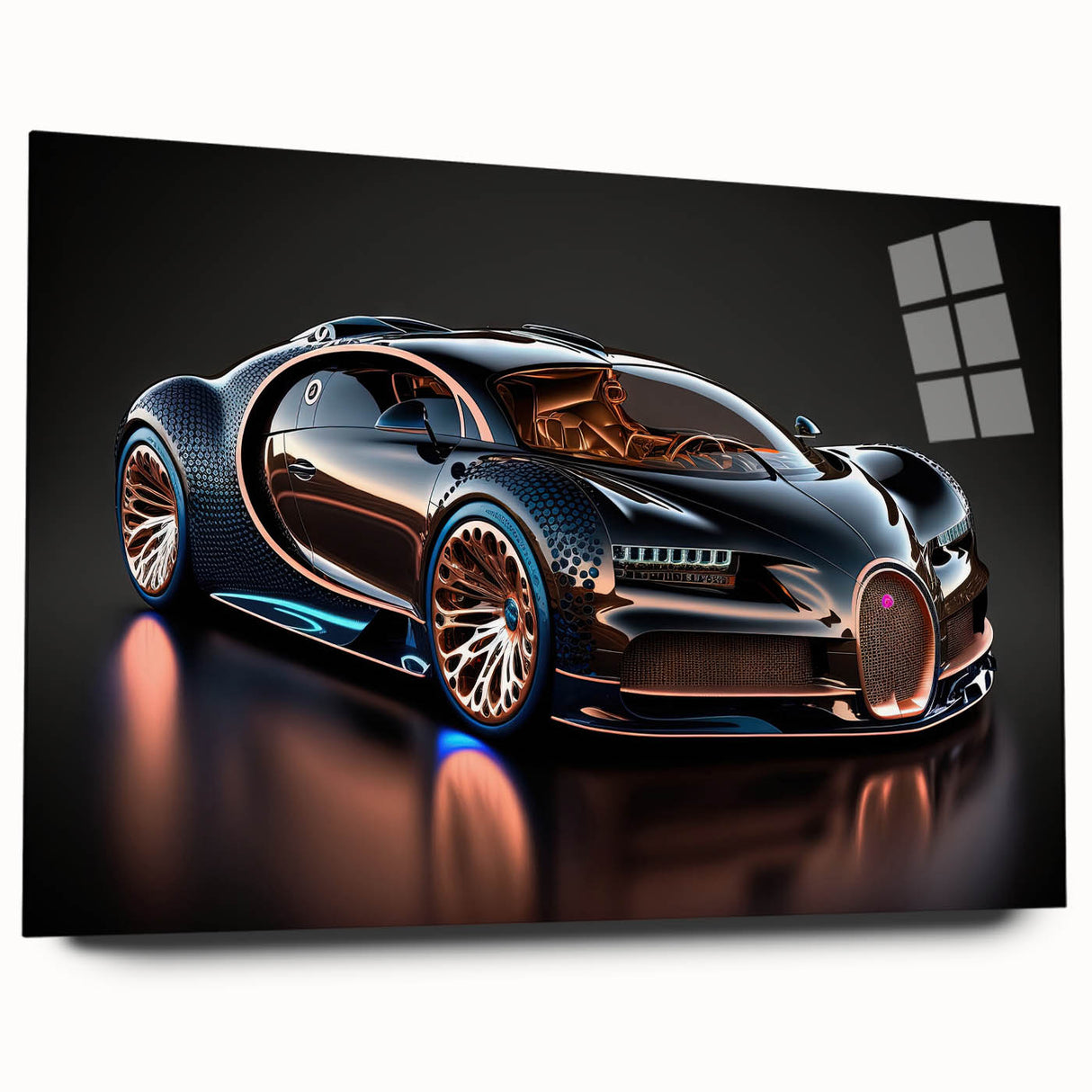 Side view of a sports car in bold red on acrylic glass, suitable as large abstract bedroom or dining room art.