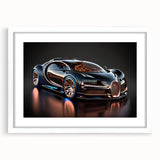 Abstract art print of a stylized sports car in bold red and black tones, framed with a white mat.