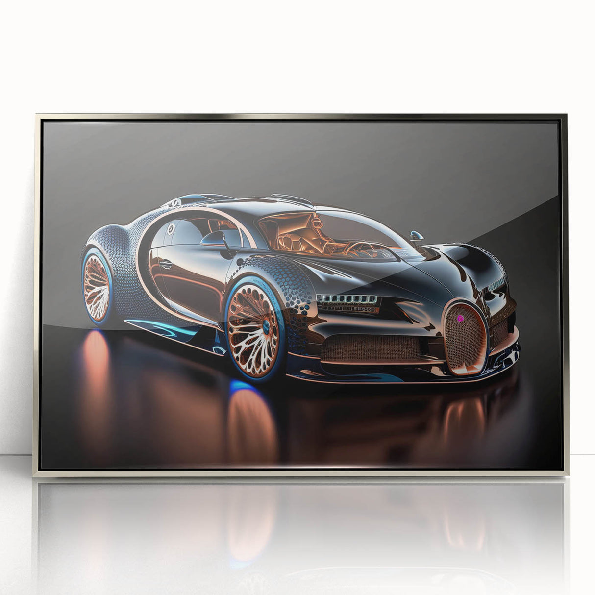 Mid-century modernist art of a silver sports car in vibrant colors on an acrylic print, suitable for modern art wall decor.