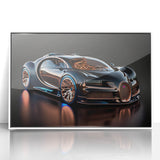 Art deco poster of a white sports car, rendered in bold black and white tones, framed acrylic.