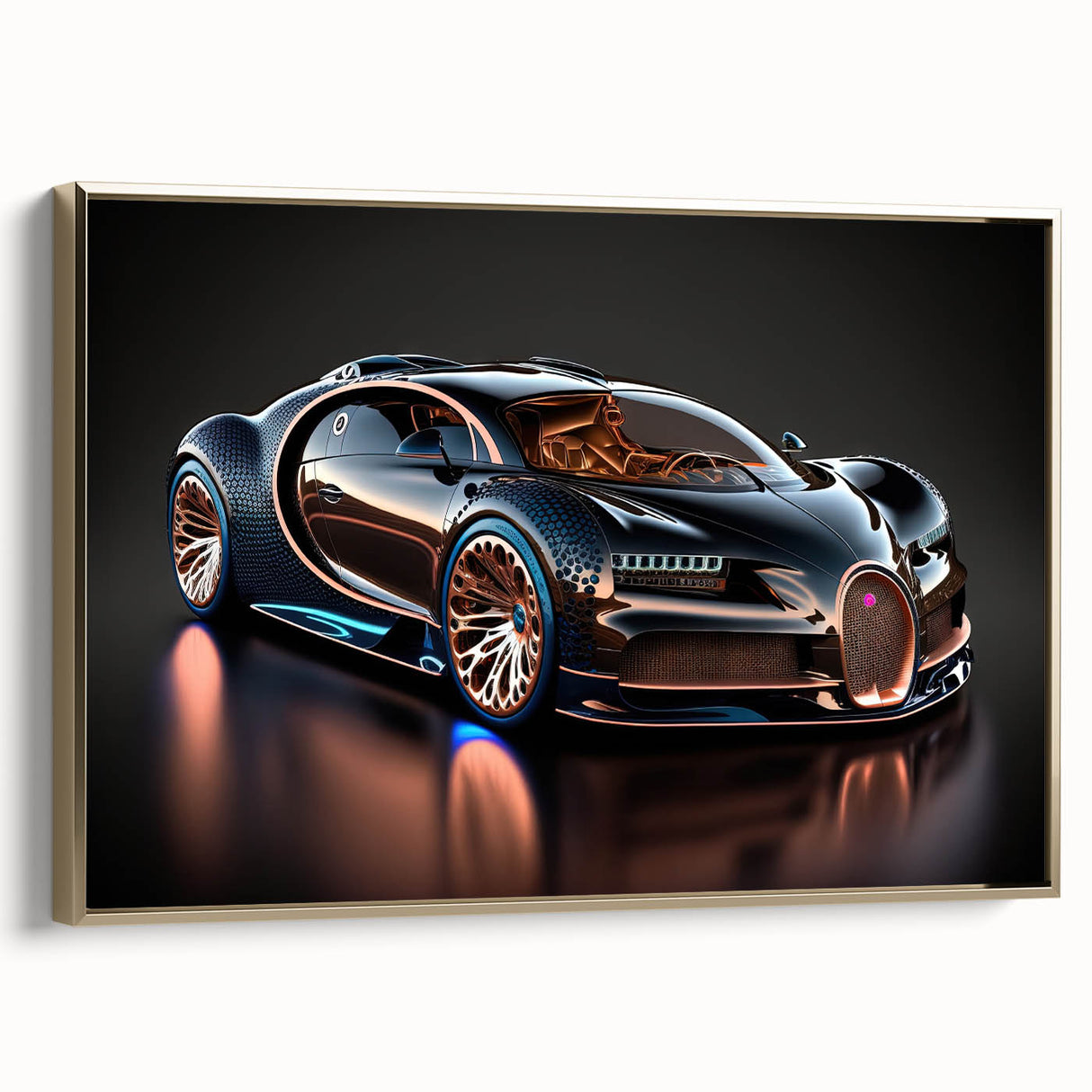 Gold side-view of a vintage sports car on black framed canvas, ideal for bedroom wall art.