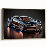 Gold side-view of a vintage sports car on black framed canvas, ideal for bedroom wall art.