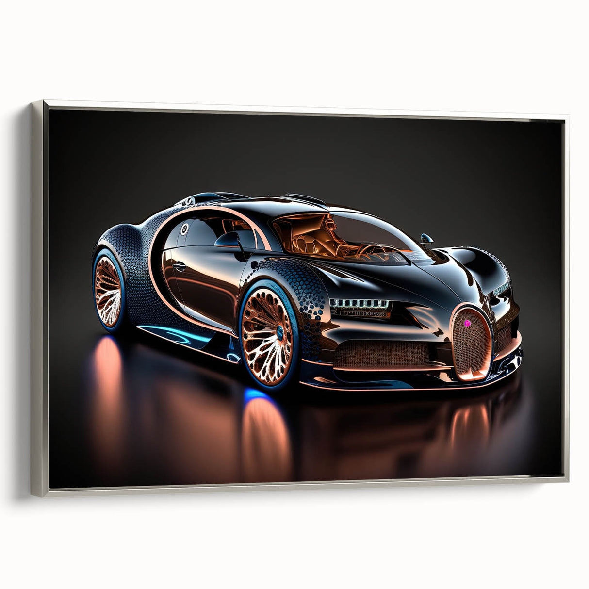 Side view of a vintage sports car in black and silver, framed canvas, ideal for decorating a home office.