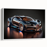 Vintage poster art of a classic car in black and colorful hues on a framed canvas, ideal for living room decor.