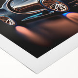 Art deco poster of a vintage sports car in monochrome, printed on rolled canvas, suitable for dining room decor.