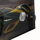 Large abstract wall art of a sports car in vibrant red and black on acrylic, ideal for dining room decor.