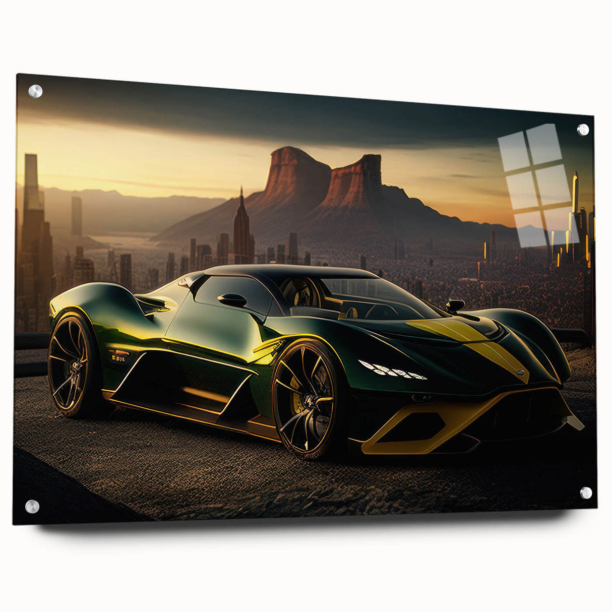 Side view of a red sports car in a minimalistic style, printed on acrylic glass, suitable for bedroom or dining room decor.