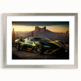 Textured abstract art print of a sports car, rendered in sharp black and white, on a silver-framed mat.