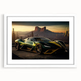 Abstract art print of a sports car in dynamic blue and silver hues on a white framed poster.