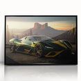 Large abstract wall art featuring a black sports car, framed in acrylic, with a mid-century modernist style.