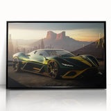 Large abstract wall art featuring a black sports car, framed in acrylic, with a mid-century modernist style.