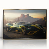 Mid-century modernist style acrylic print of a gold sports car, ideal for modern art wall decor.