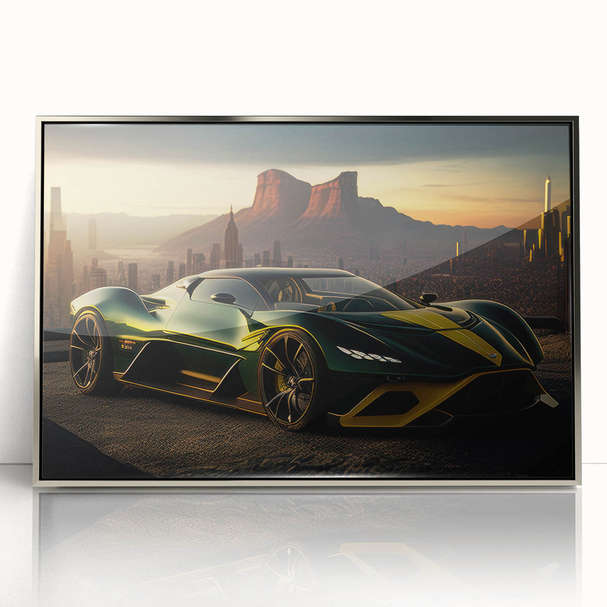 Mid-century modernist art of a silver sports car on a framed acrylic, featuring metallic and gray tones.