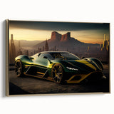 Side view of a classic car in gold on black framed canvas, ideal for bedroom wall decor.