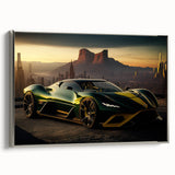 Side view of a vintage sports car in silver, framed canvas in black, ideal for decorating a modern office.