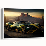 Vintage poster art of a classic sports car in black and white on a framed canvas, ideal for living room decor.