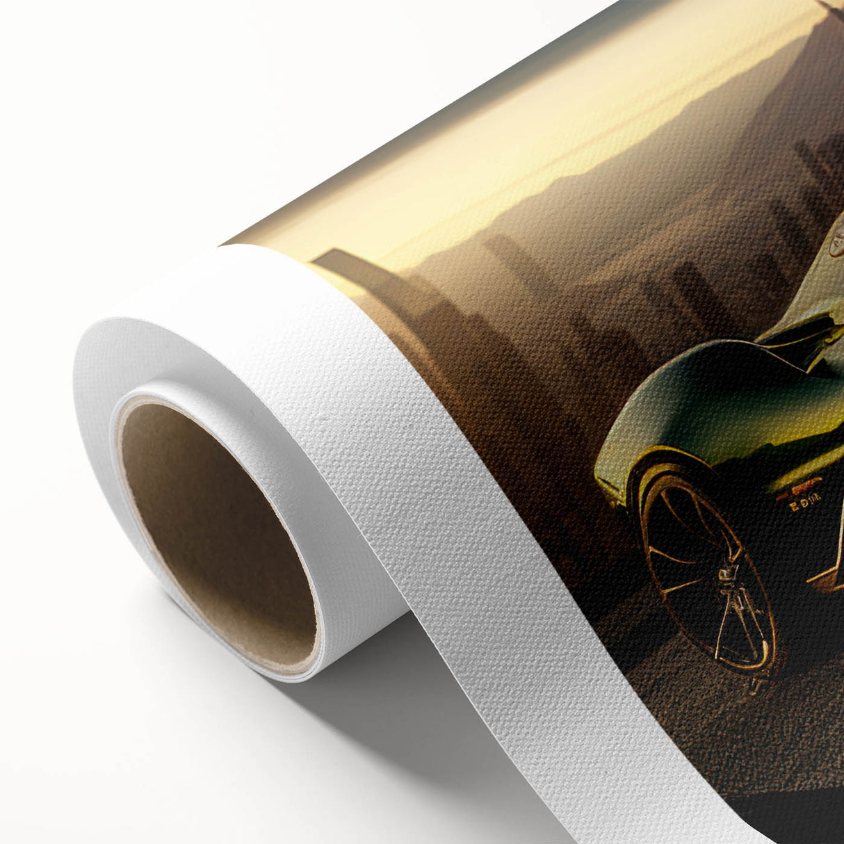 Art deco style poster featuring a classic car in black and white tones on rolled canvas.
