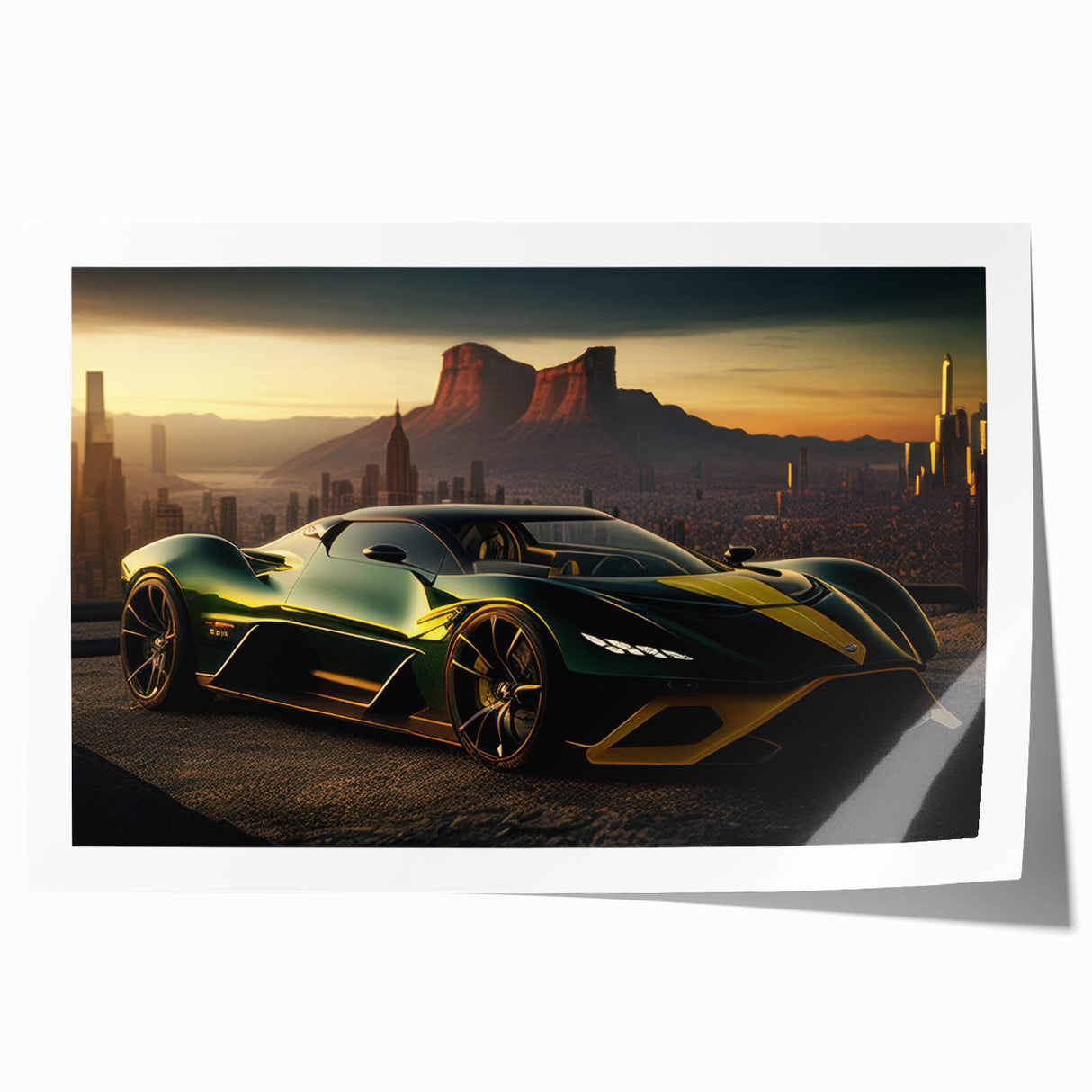 Rolled print of a sports car in vibrant red and black, ideal for modern dining room wall decor.