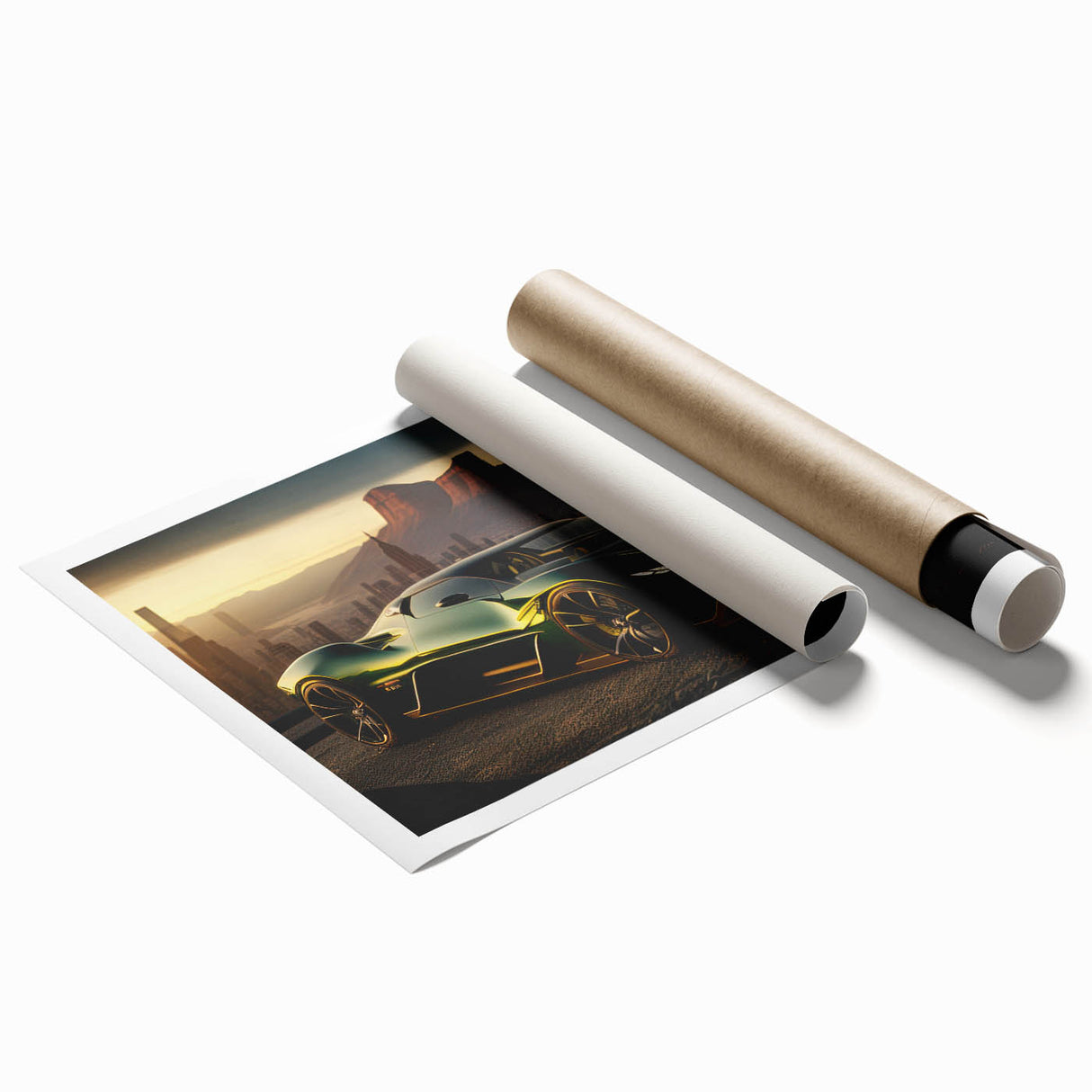 Extra large wall art featuring a vintage sports car in muted metallic tones on a rolled canvas.