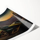 Extra large wall art featuring a sports car in vibrant colors on a rolled canvas, suitable for large living room decor.