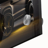 Mid-century modernist large abstract wall art of sport cars in vibrant colors on acrylic glass, ideal for dining room decor.