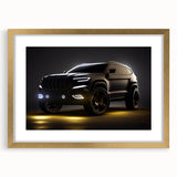 Extra large abstract art print of a sports car in textured gold tones on a framed canvas, ideal for living room decor.