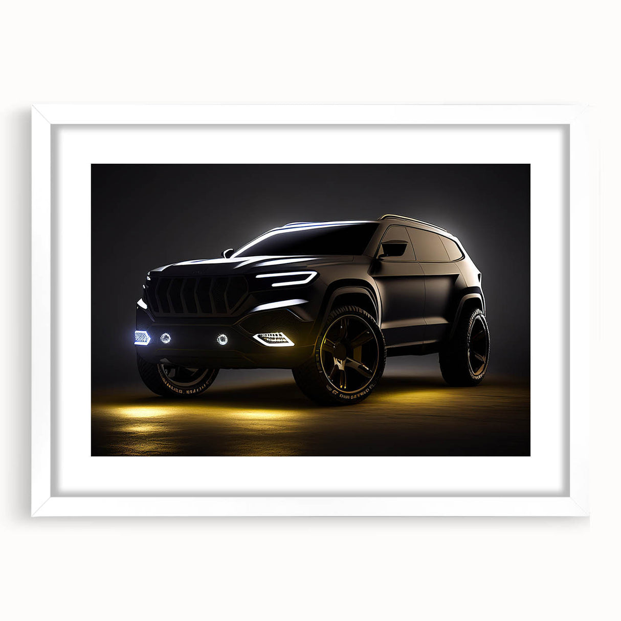 Abstract art print of sports cars in neutral and black tones on a white framed poster.