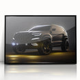 Large abstract wall art of a black sports car in mid-century modernist style on a framed acrylic.