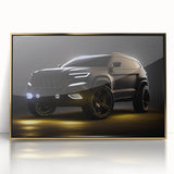 Mid-century modernist style large art print of a sports car in muted gold tones, acrylic framed.