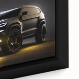 Extra large framed canvas featuring a close-up of a black sports car with colorful, textured details.