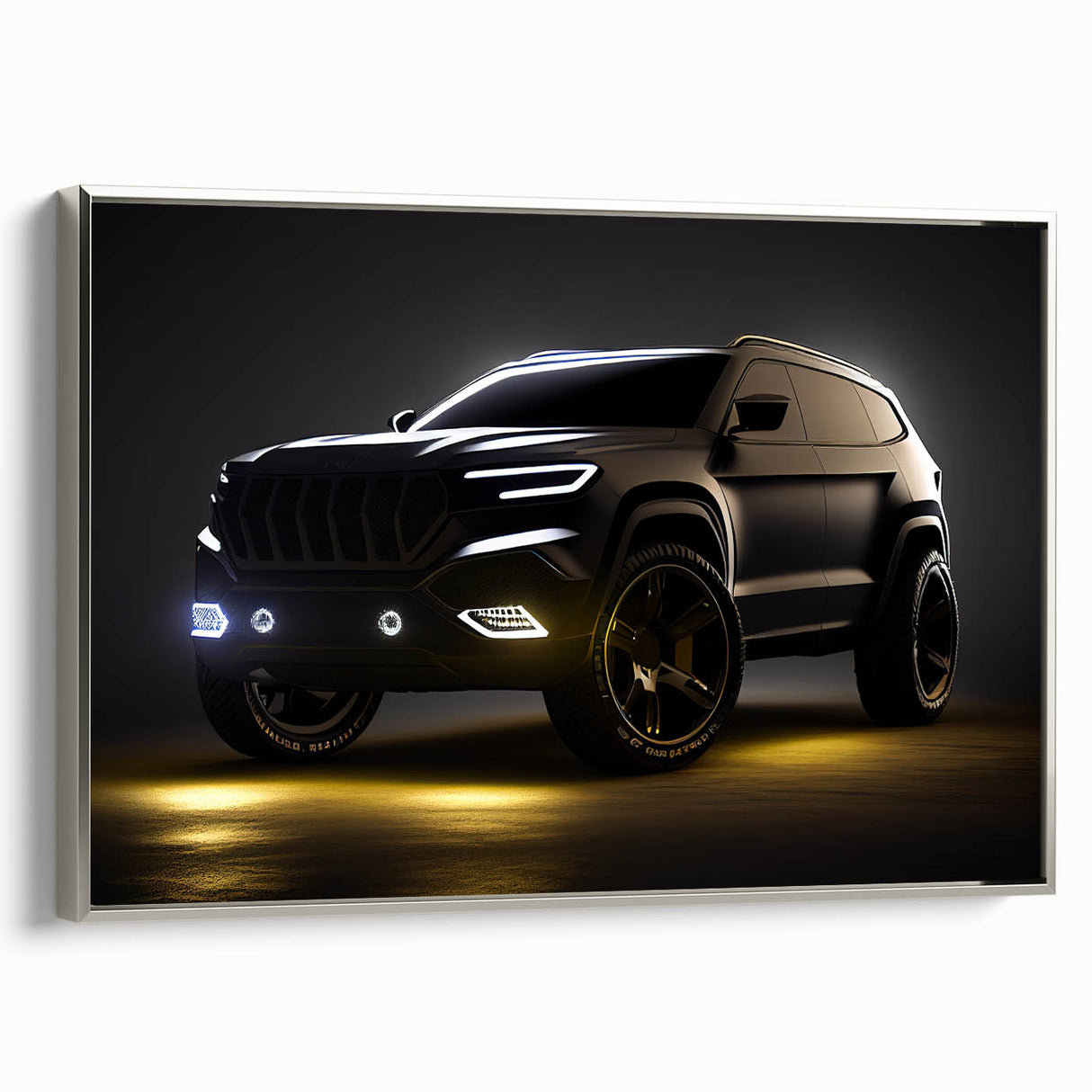 Vintage poster art of a silver sports car on black canvas, ideal for extra large wall art in a living room.