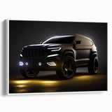 Side view of a vintage sports car in black and white on a framed canvas, ideal for adding a classic touch to any room.