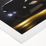 Art deco poster of a vintage sports car in monochrome shades on rolled canvas, suitable for dining room or bathroom wall art.