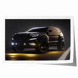 Rolled print of a sports car in sharp red against a blurred city background, suitable for art wall dining room.