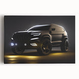 Black and white photo of a vintage sports car on stretched canvas, ideal for kitchen wall art.