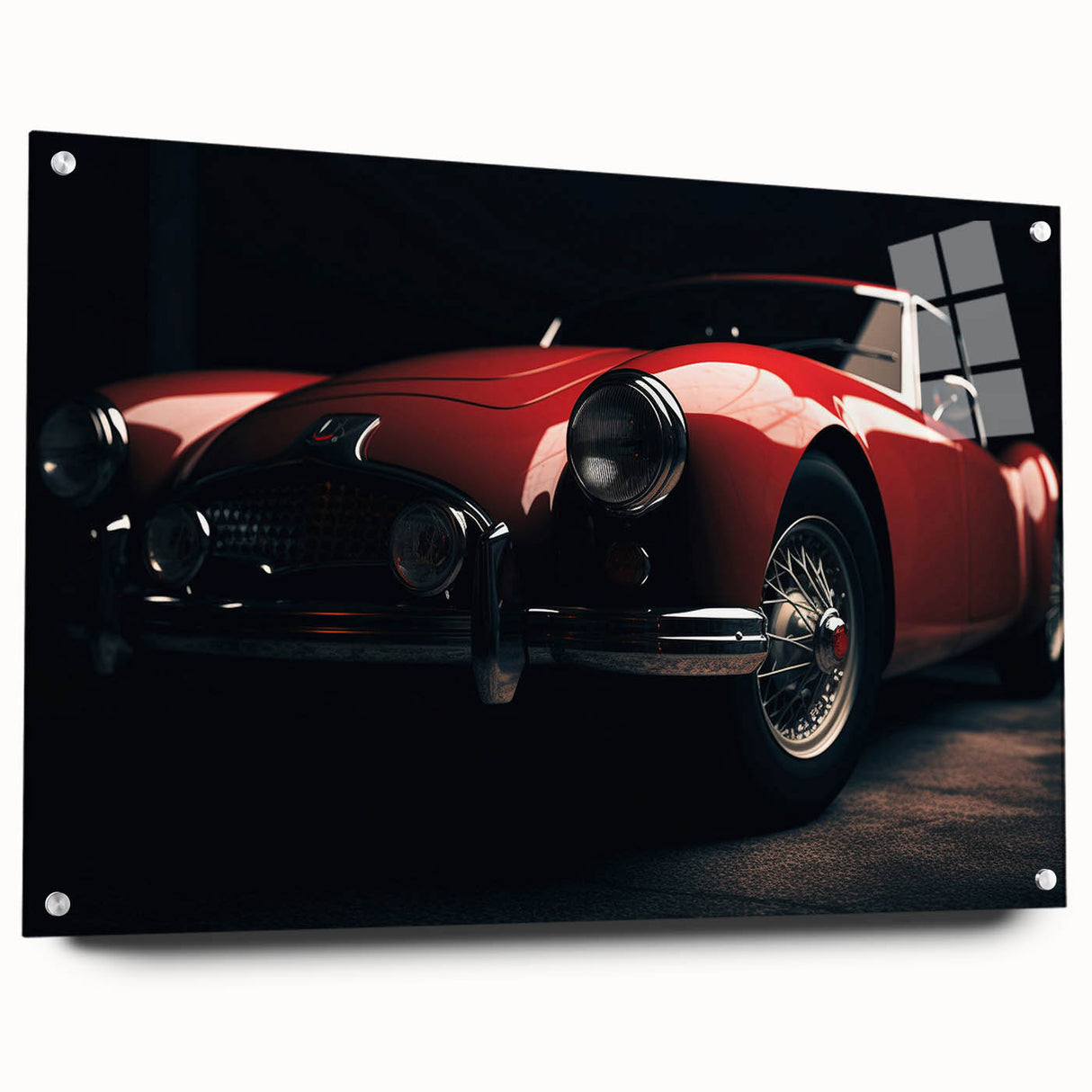 Acrylic print of a side view of a sports car in black and white, ideal for modern bedroom or dining room decor.
