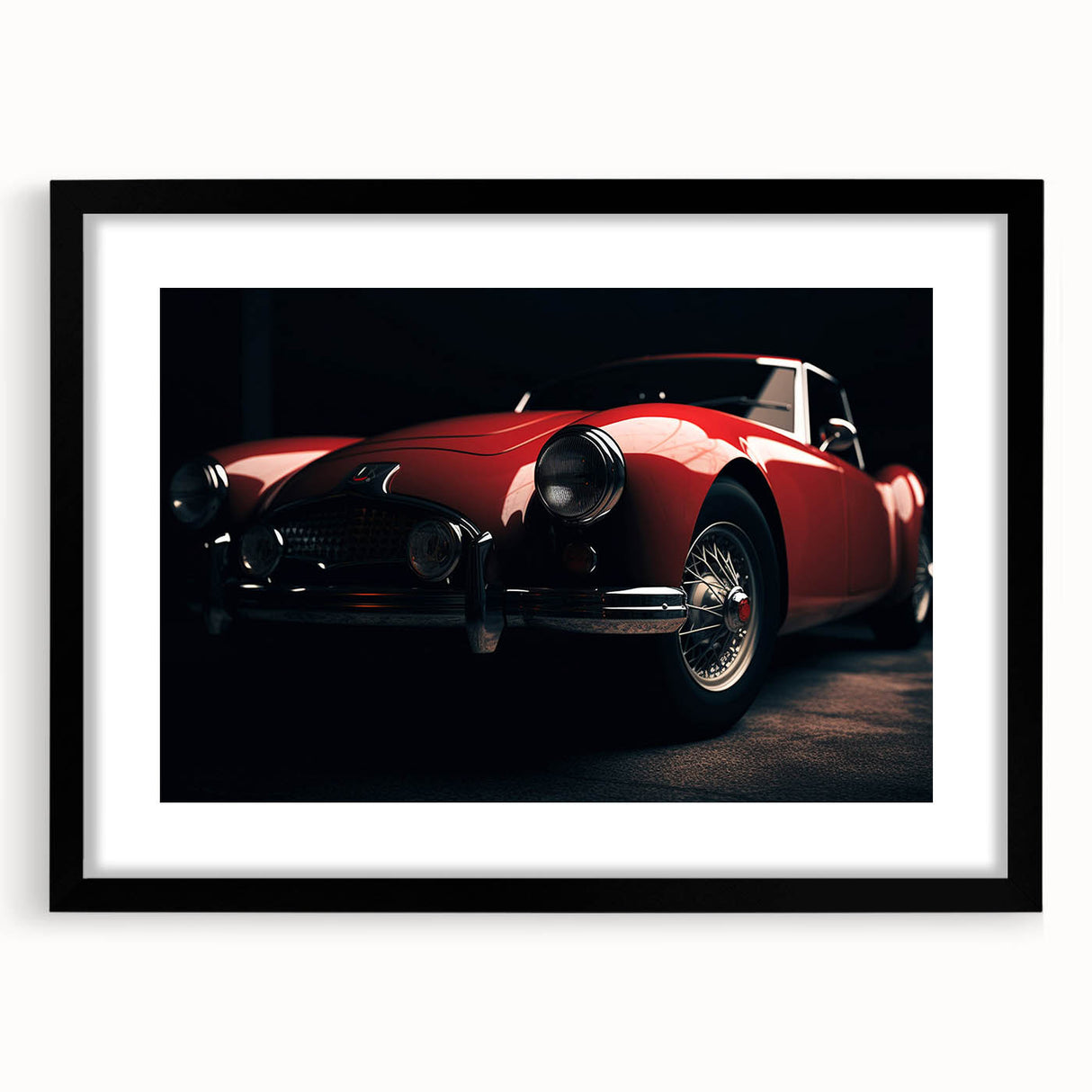 Abstract art print of colorful, textured sports cars on a large black-framed canvas, ideal for living room decor.
