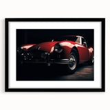 Abstract art print of colorful, textured sports cars on a large black-framed canvas, ideal for living room decor.