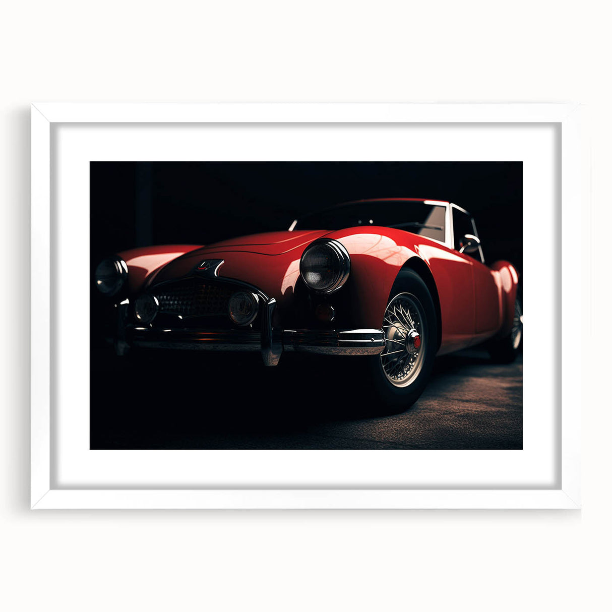 Abstract art print of a stylized sports car in vibrant red and black hues on a white framed mat.