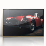 Front view of a gold sports car on a large art print with a mid-century modernist style, framed in acrylic.