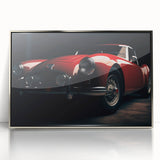 Mid-century modernist art of a silver sports car in acrylic print, with vibrant blue and silver hues.