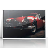 Front view of a white sports car in art deco style on a framed acrylic, with a monochrome palette.