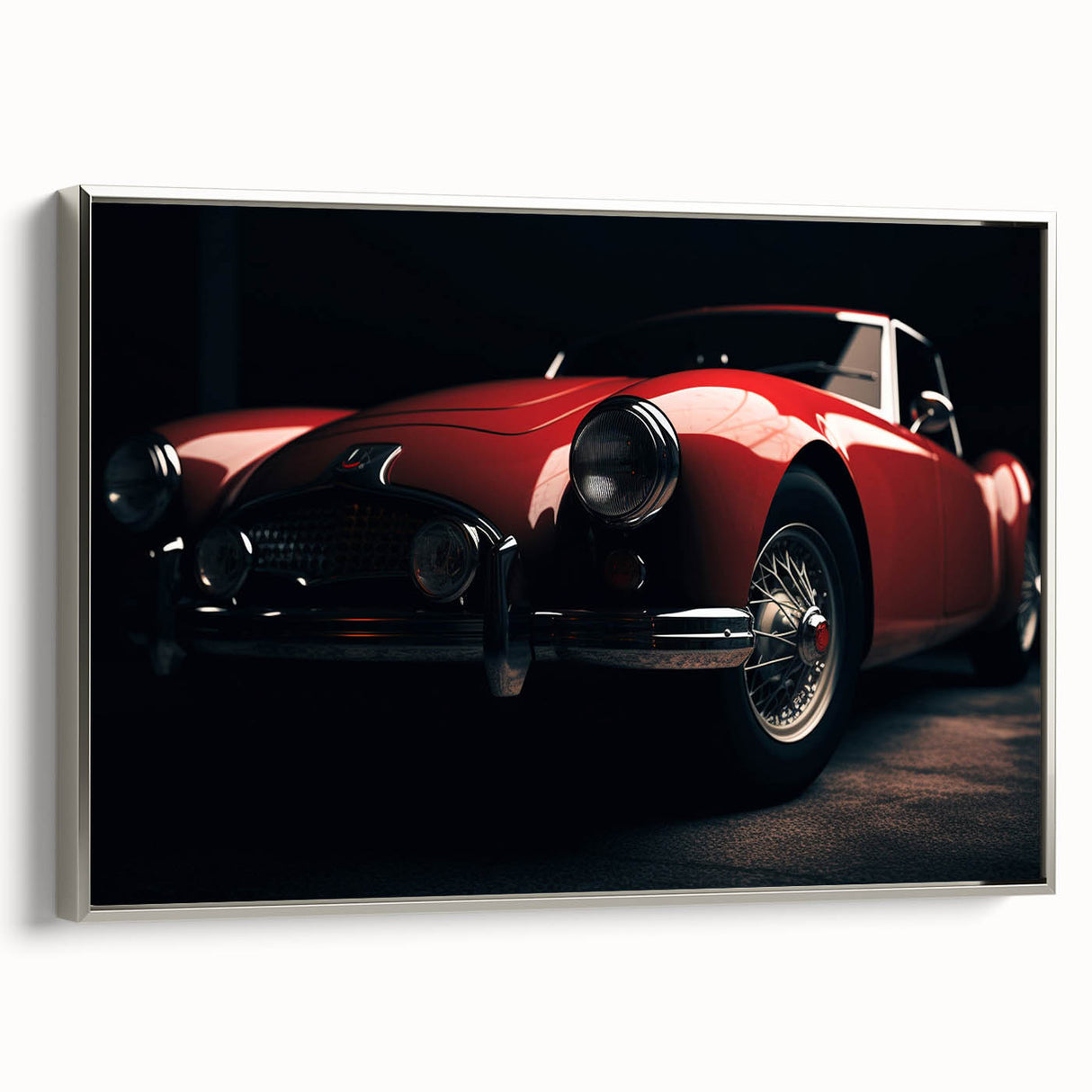 Framed canvas featuring a silver vintage sports car on a black background, ideal for decorating a modern living space.