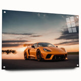 Side view of a red sports car on acrylic glass, vibrant and detailed, ideal for modern bedroom or dining room decor.