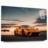 Side view of a sports car in grayscale on large acrylic glass, suitable for bedroom or dining room art.