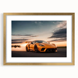 Extra large abstract art print of sports cars in vibrant colors on a gold-framed canvas, ideal for living room decor.