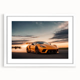 Abstract art print of a sports car in black and white, framed in white, ideal for bedroom or dining room decor.